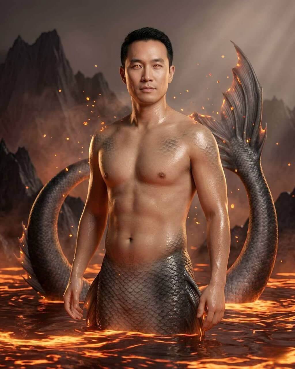 Fantasy lava merman portrait featuring a dark-scaled mythical sea guardian emerging from molten magma beneath volcanic mountains and glowing embers.