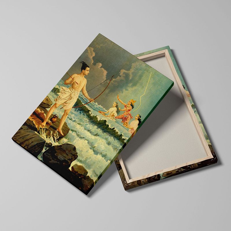 Sri Rama Vanquishing the Sea – A Divine Confrontation by Raja Ravi Verma