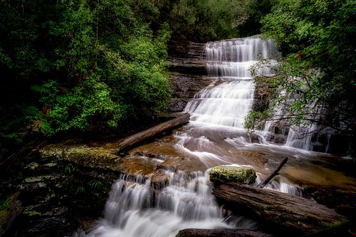 Waterfall, stream, river, creek, flowing water, long exposure, nature, landscape, travel, hiking, adventure, escape, light, rocks, moss, ferns, forest, trees, mount field, Tasmania, Australia, Hobart, rain forest, gum, eucalyptus