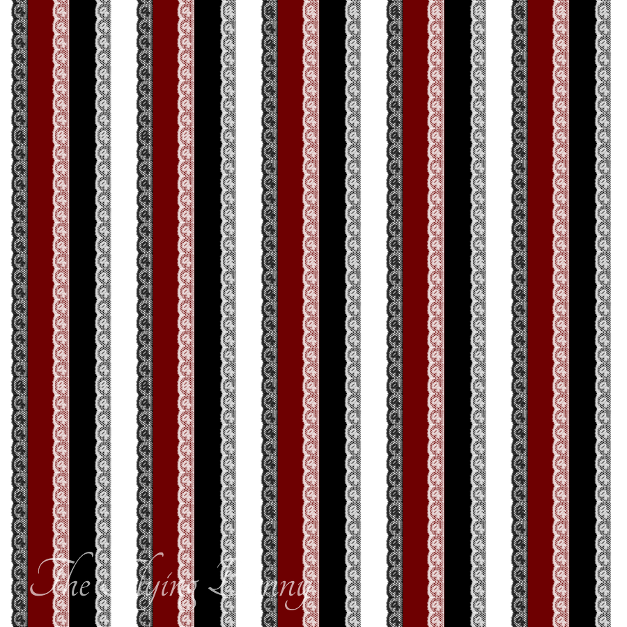 Vertical black, white, and muted red stripes accented with delicate lace-like detailing in a dramatic high-contrast repeating pattern.