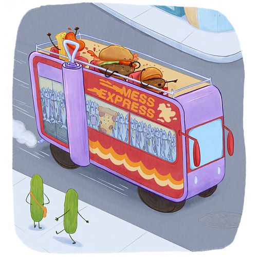 A vignette taken from a full spread of picture book, Hamburger Harriet Needs Help!