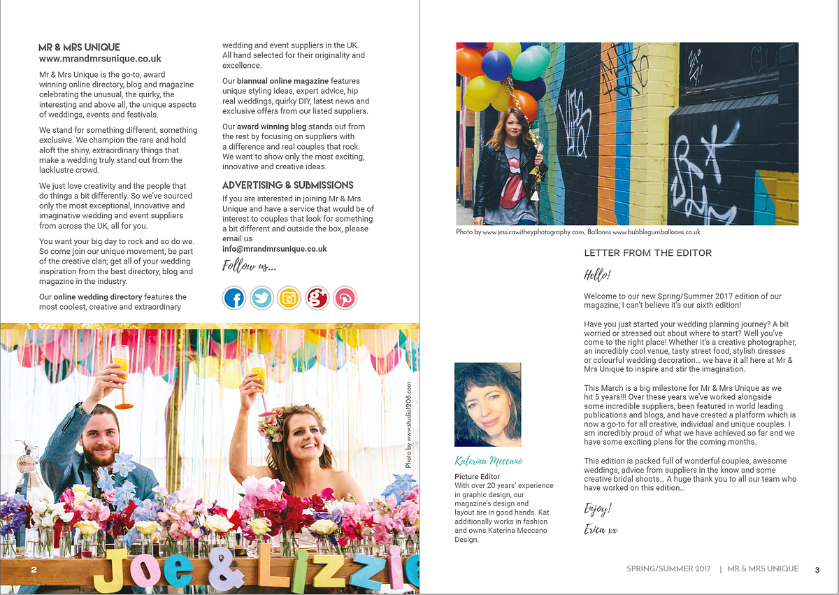wedding magazine spread with bride and groom at a colourful table toasting their guests