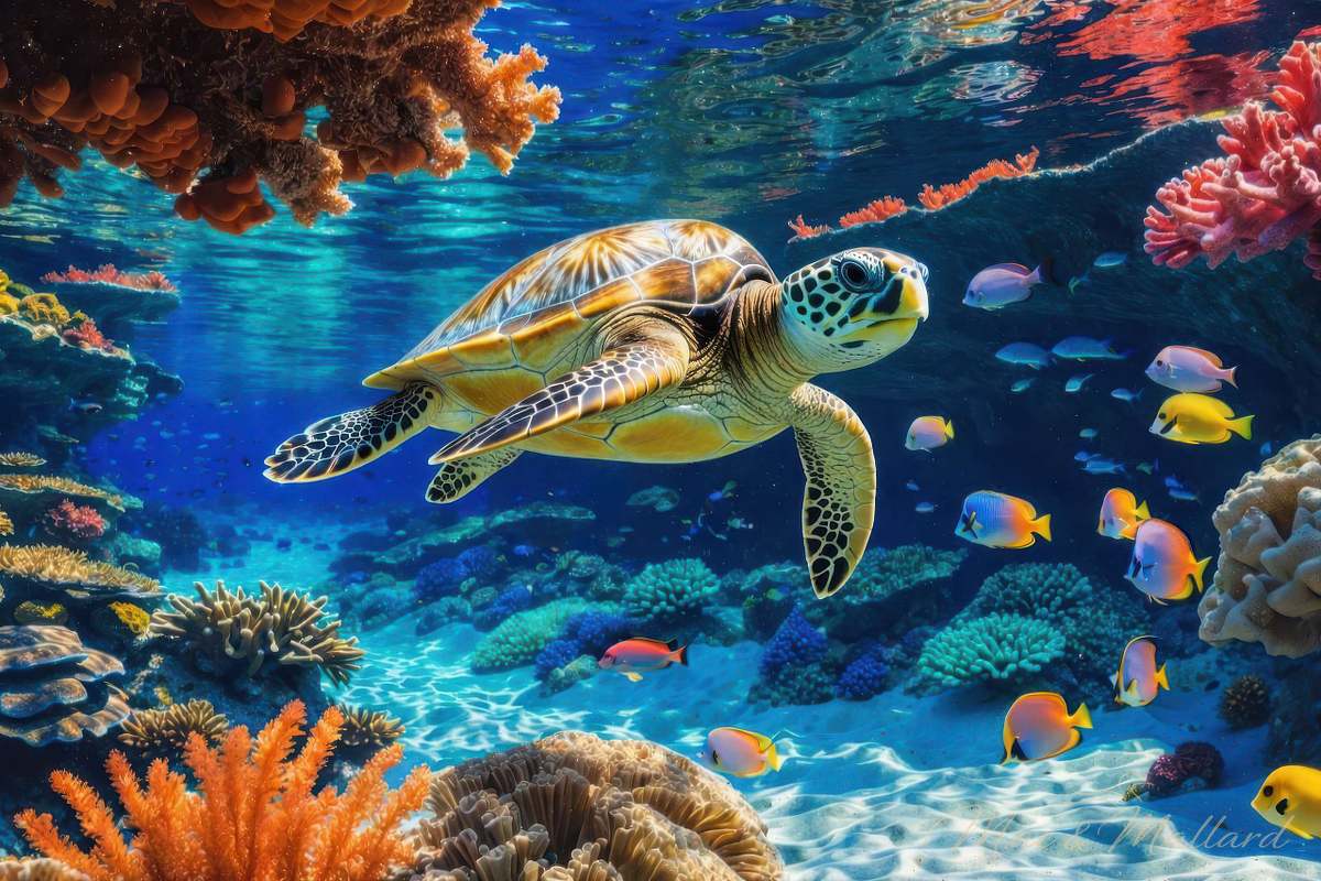 Sea turtle fine art metal print swimming in clear tropical waters - premium aluminum wall art by Mac & Mallard