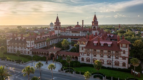 Sunset aerial shot of historic Ponce de Leon Hall at Flagler College in St. Augustine, Florida.