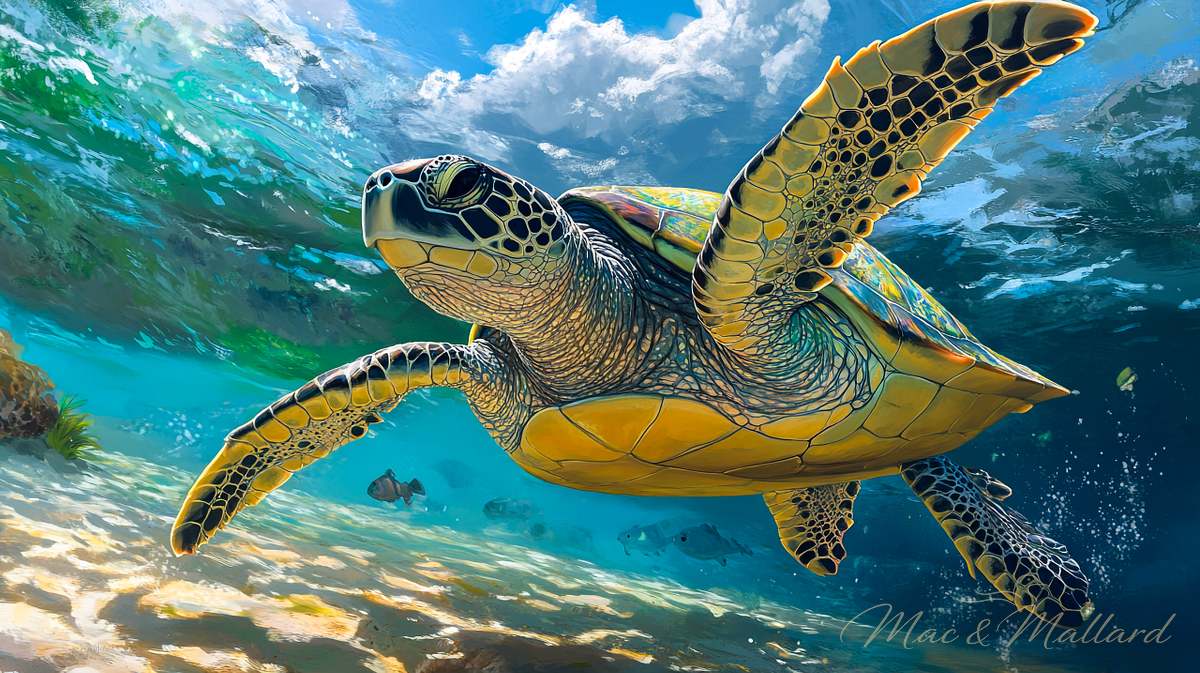 Majestic sea turtle gracefully swims in the ocean, surrounded by