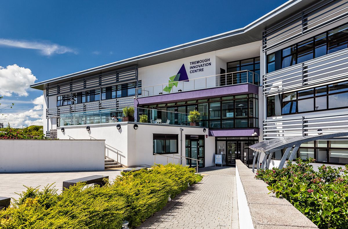 Exterior view of Tremough Innovation Centre, photographed in Cornwall with contemporary architectural design.