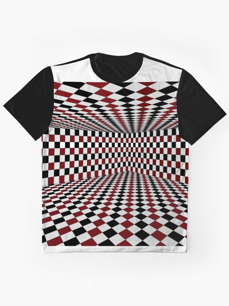 Black T-shirt featuring a non-repeating red, white and black checkered optical illusion room design across the front.