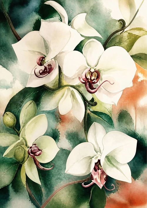ibrant watercolour poster print featuring elegant white orchid blossoms with rich contrasting tones and delicate floral details.