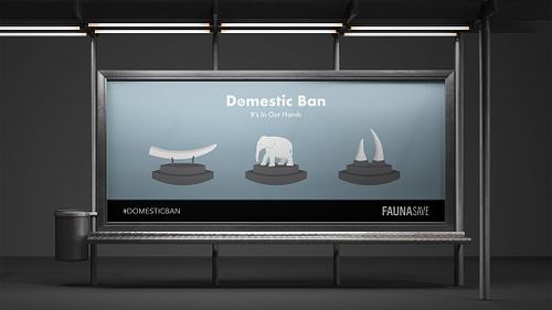 Promotional billboard featuring minimalist illustrations of ivory elephant, tusk, and rhino horn auction items on gavel blocks, set on a dull blue background, with the campaign name and tagline above and hashtag and sponsor in a black footer below.