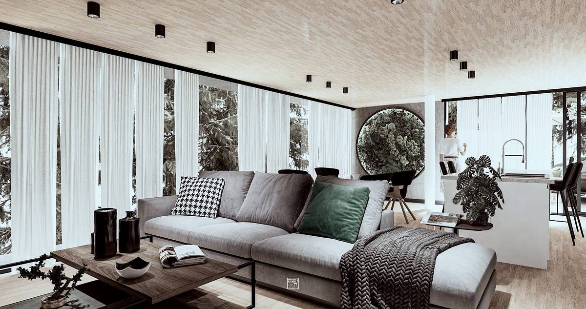 render interior villa lujo vistas montana suiza espacio abierto