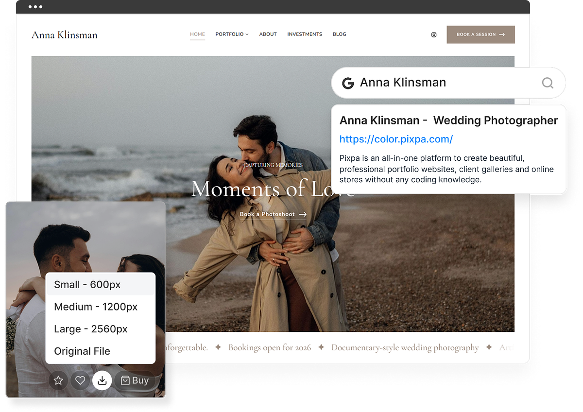 Свадебный фотограф Pixpa Веб-сайт с SEO-оптимизацией для поисковой выдачи и возможностью выбора размера загружаемых файлов в клиентской галерее.