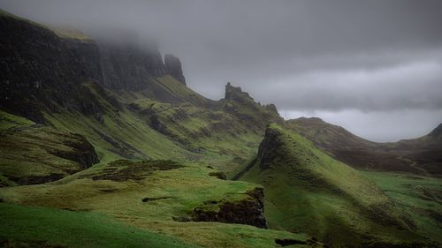 Mountains, ridge, hike, adventure, nature, landscape, Quiraing, Highlands, Isle of Skye, Scotland, fog, sky, clouds, travel, United Kingdom, UK, Prison, Prisoner, Storr, rock, cliffs,