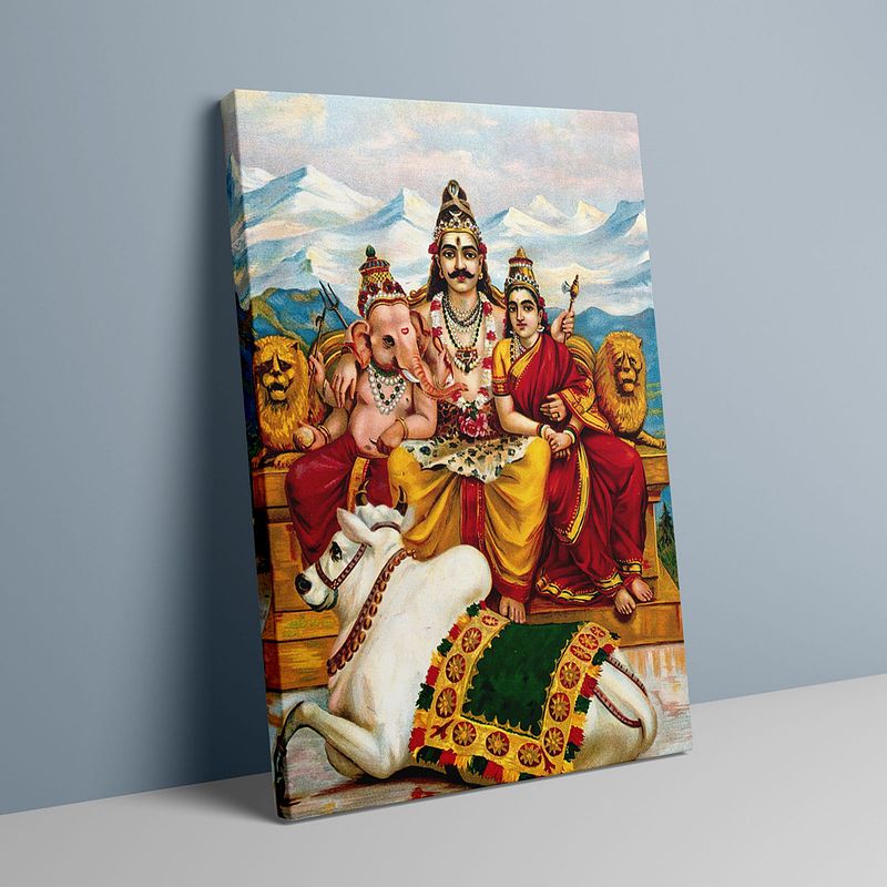 Shiva Parvati and Ganesha on Mount Kailas with Nandi by Raja Ravi Verma