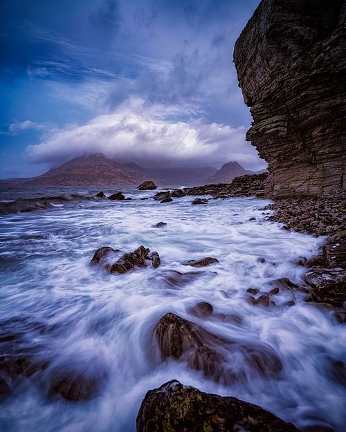 Seascapes, ocean, waves, shores, sand, rocks, surf, clouds, sky, travel, nature, landscape, seaside, beach, Catlins, Nugget Point, Lighthouse, Isle of Skye, Elgol, Scotland, United Kingdom, UK, Atlantic, sunset, sunrise, fishing, blue hour, long exposure