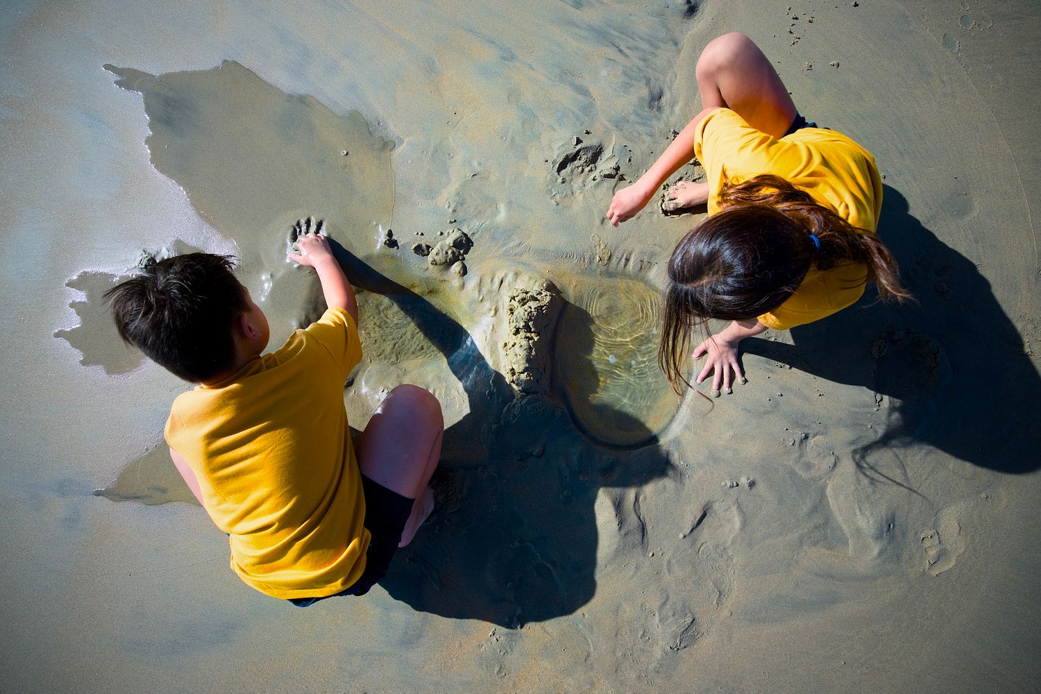 Two children building in wet sand beside the Pacific tide