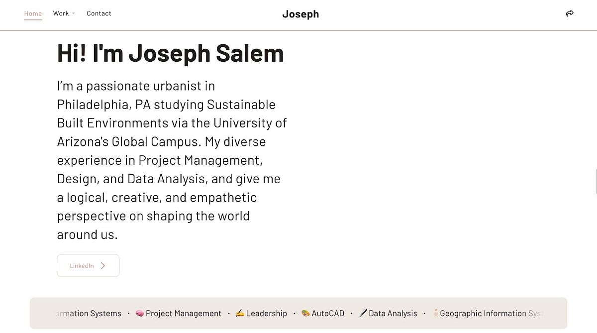 Página principal del sitio web del portafolio de estudiantes de planificación urbana de Joseph Salem