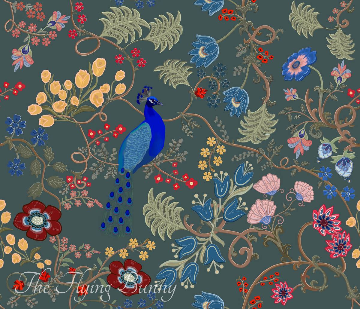 Seamless floral pattern with blue peacocks, winding brown vines, stylized red and yellow flowers, and green foliage on a deep green background.