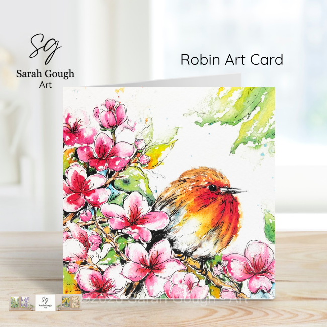 Robin and Spring Blossom | Spring Art Card | Watercolour | with Envelope