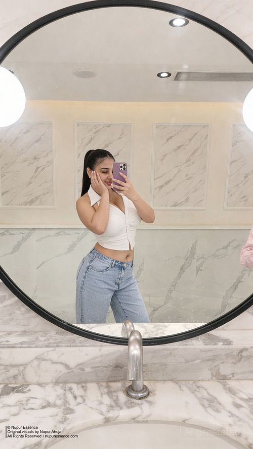 Nupur Ahuja taking a mirror selfie in a marble-finished interior while wearing a white halter top and light denim jeans, published by Nupur Essence