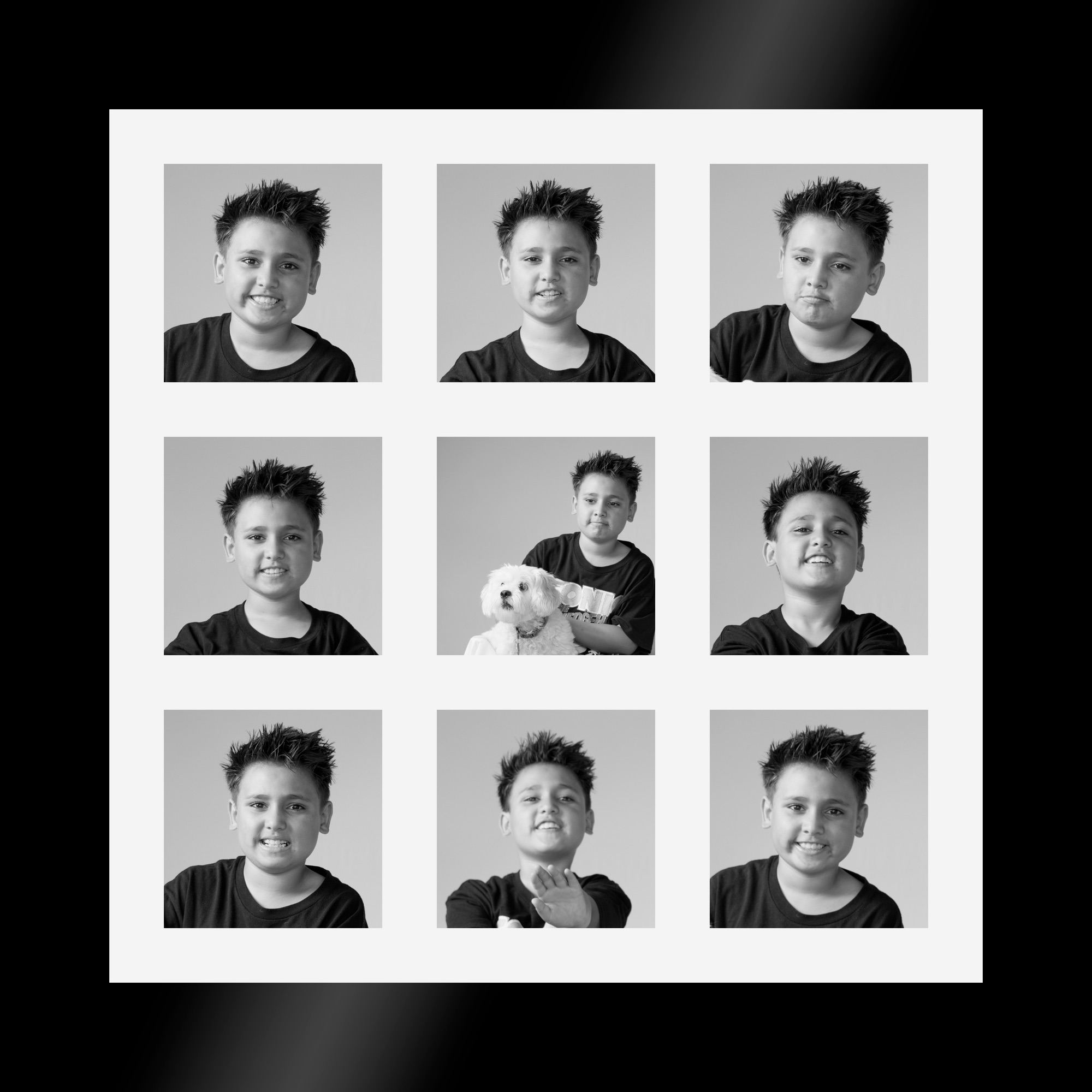 Nine changing black-and-white expressions arranged as one finished artwork