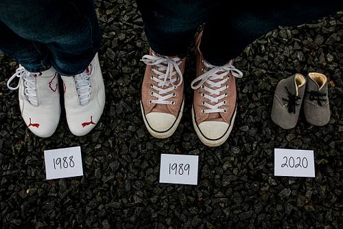 Draufsicht auf drei Paar Schuhe: Die Schuhe eines Mannes, einer Frau und ein Paar Babyschuhe nebeneinander; davor liegen Zettel mit den Geburtsjahren der Eltern und dem aktuellen Jahr für das Baby.
