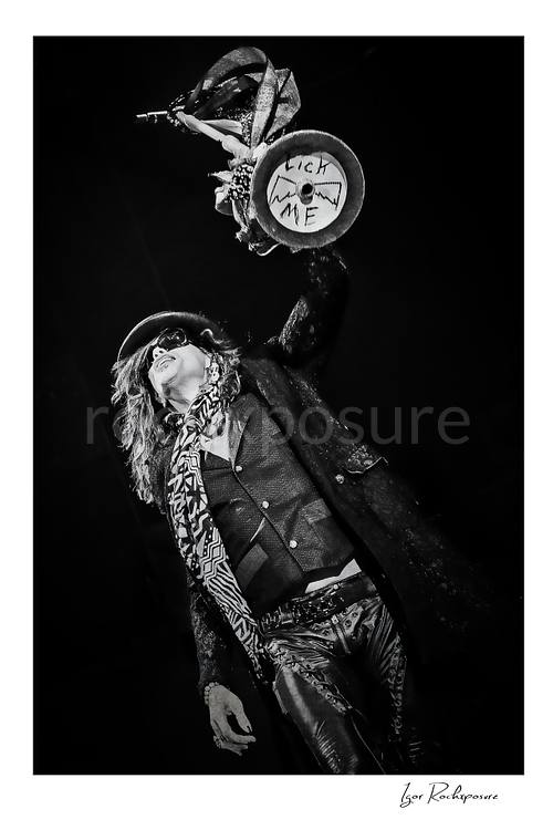 Steven Tyler raises his microphone stand high above the stage, with the base displaying the handwritten phrase “LICK ME,” adding a provocative edge to the performance moment.
