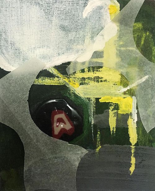 "Grandma’s Funky Pants," 2016 Acrylic, collage, and vintage pants, 3"x3"