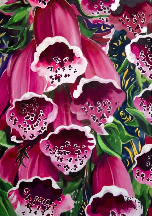 Vibrant watercolour poster print featuring striking deep pink and purple foxglove bell flowers with speckled throats and rich contrasting tones.