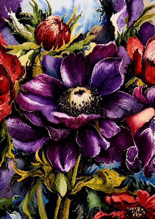 A vibrant watercolour Reimagined Art Collection poster print featuring a striking purple anemone bloom with rich contrasting tones and detailed floral elements.