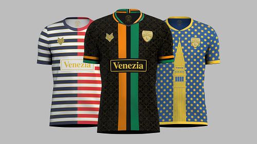 Front view of Venezia FC home, away, and third shirt concepts grouped together, with the home shirt slightly larger in the centre.