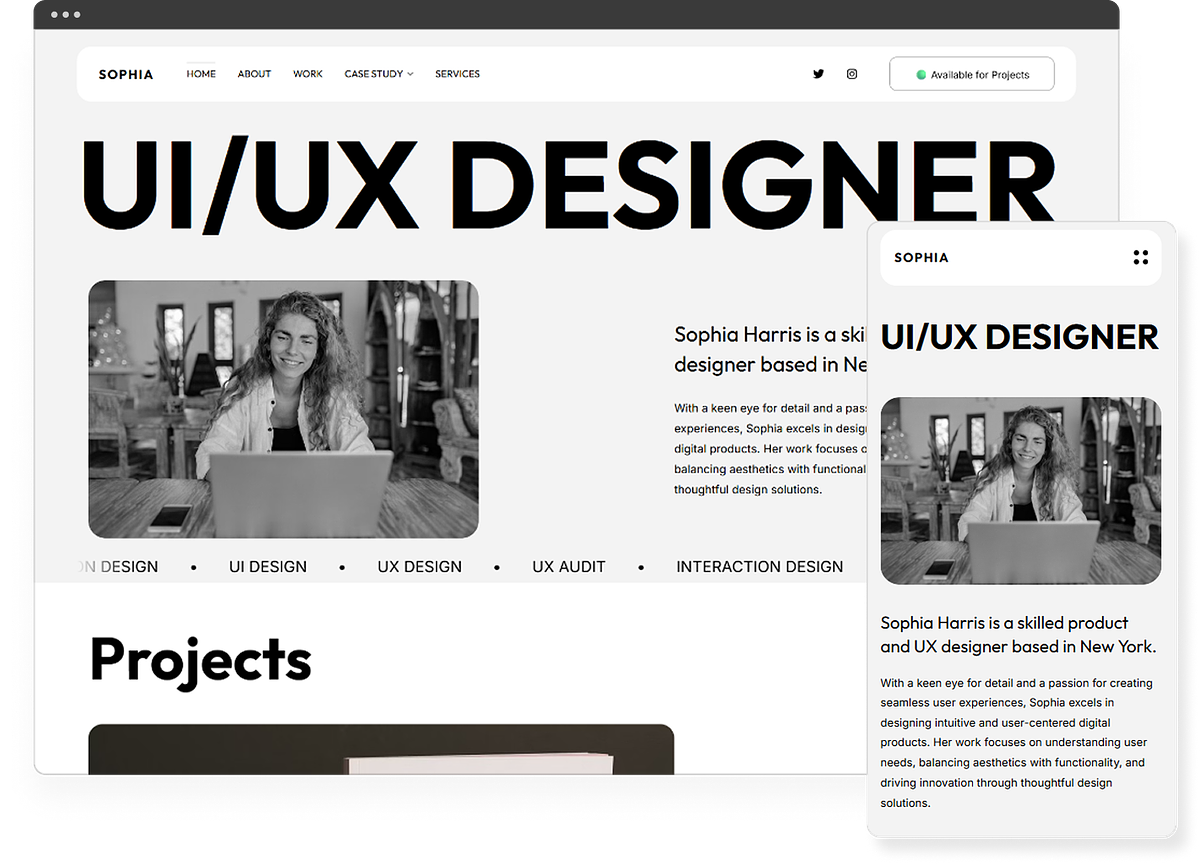 A Pixpa UX design portfolio website on its own domain