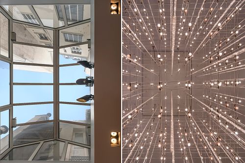 Détail d’un lustre cascade en cristal et vue sur les grandes fenêtres dans un appartement haussmannien sur les Champs-Élysées, Paris. Photographie d’architecture intérieure par Nicolas Karadimos.