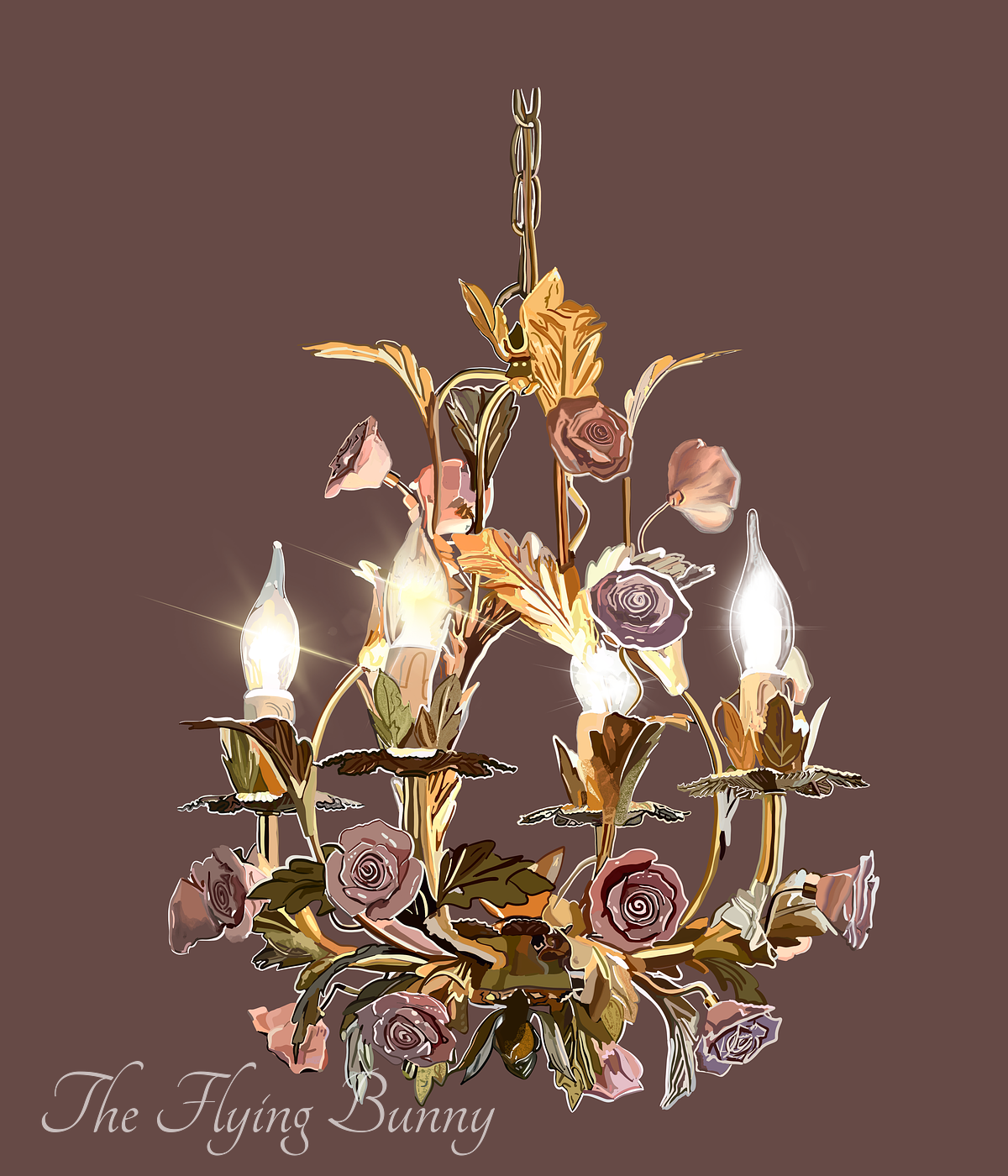 Ornate floral chandelier with glowing candle-style lights, sculptural gold leaves, and muted roses on a mauve background.