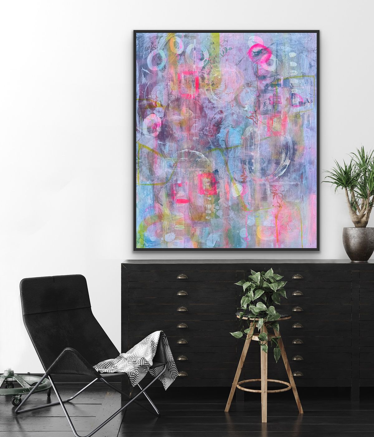 Abstraktes Acrylgemälde in Neonpink, Gelbgrün und Lavendel mit schwebenden Kreisen und Rechtecken, inspiriert von der Hippiebewegung, Friedenshoffnung, 120×100 cm,Sylvie Gasser, Abstract acrylic painting in neon pink, acid yellow and lavender with floating circles and rectangles, inspired by the hippie movement and the hope for peace, 120×100 cm