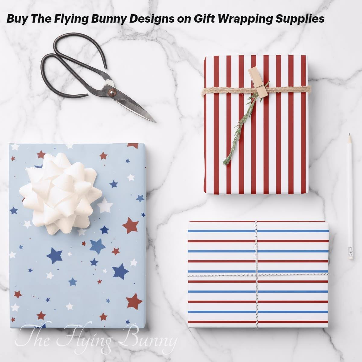 Red, white and blue patriotic patterns shown on gift wrapping supplies, including wrapped presents with stars and striped designs.