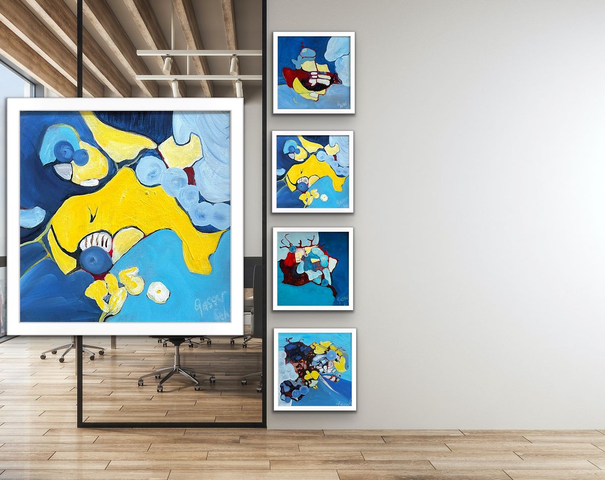 Abstrakte Acrylmalerei Serie "Funny Times", vier Bilder 30x30 cm, Blau Gelb Rot, verspielt energiegeladen, Sylvie Gasser , Abstract acrylic painting series "Funny Times", four paintings 30x30 cm, blue yellow red, playful energetic, Sylvie Gasser