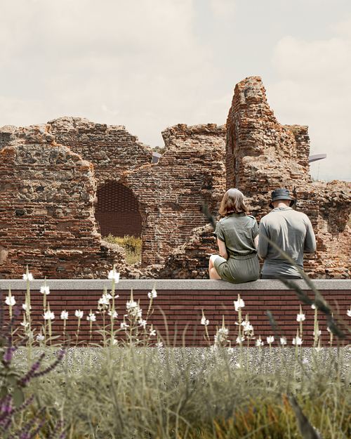 the ruins enclosed by the perimeter walls with a hint of the pavilion in the background