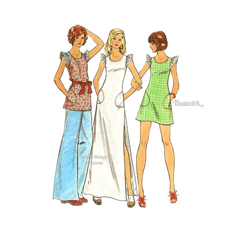 70s boho dress pattern 70s Boho Babydoll Dress Pattern, Butterick 3082, Long or Mini Dress, Tunic  & Pants