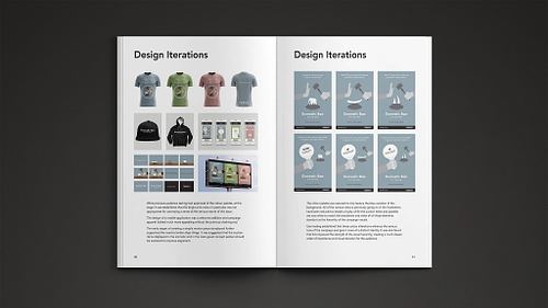 Double-page spread of the proposal publication showing visual examples from one stage of the iterative design process on the left page and the proceeding stage on the right.