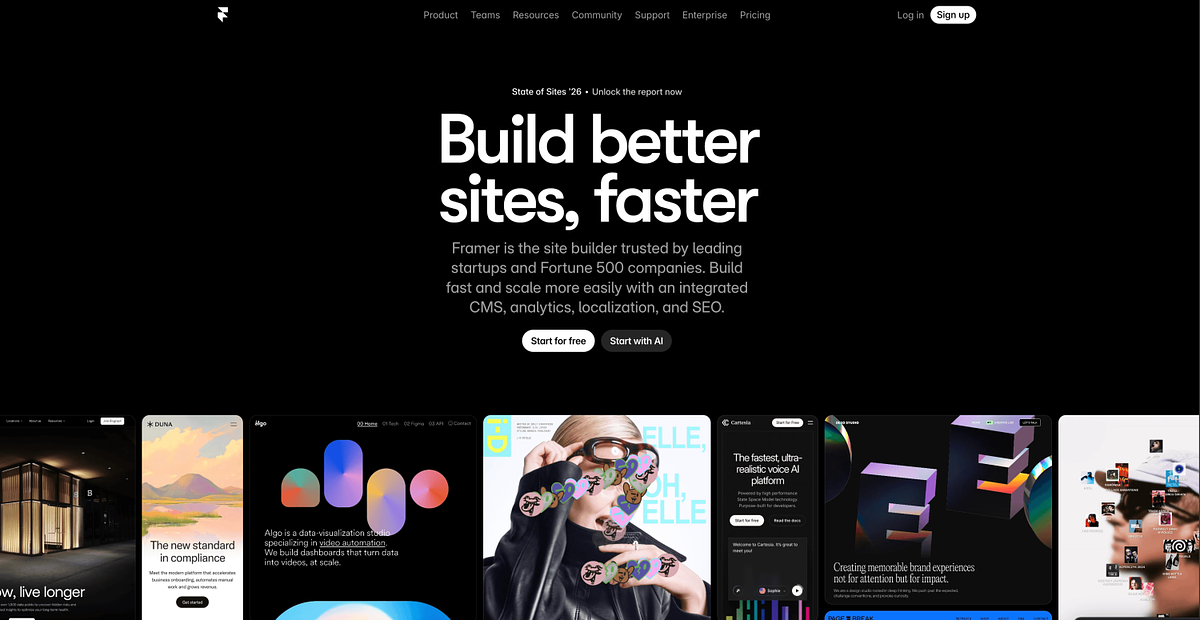 Framer homepage showing its animated, design-tool-native website builder