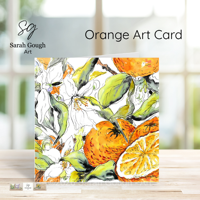Orange Fruit and Flowers | Floral Art Card | Watercolour Original Illustration | with Envelope