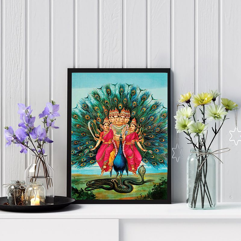 Lord Murugan – Shanmukha Subramanya Swami on Peacock with Valli & Devasena by Raja Ravi Verma