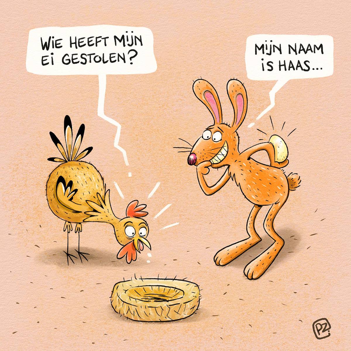 cartoon met de paashaas die een ei achterhoud van een kip en doet of hij van niets weet