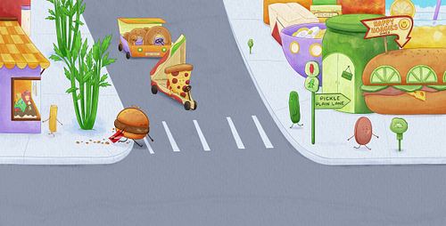A spread from picture book, Hamburger Harriet Won't Settle!