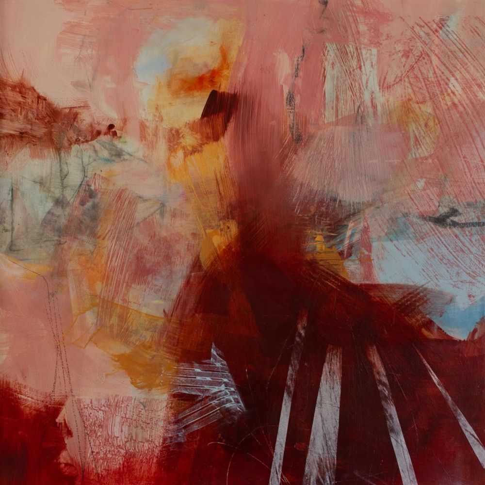Misty abstract painting titled "Forgotten Mornings," measuring 70x70cm and featuring gorgeous, soft peach shades contrasting with dark red tones.