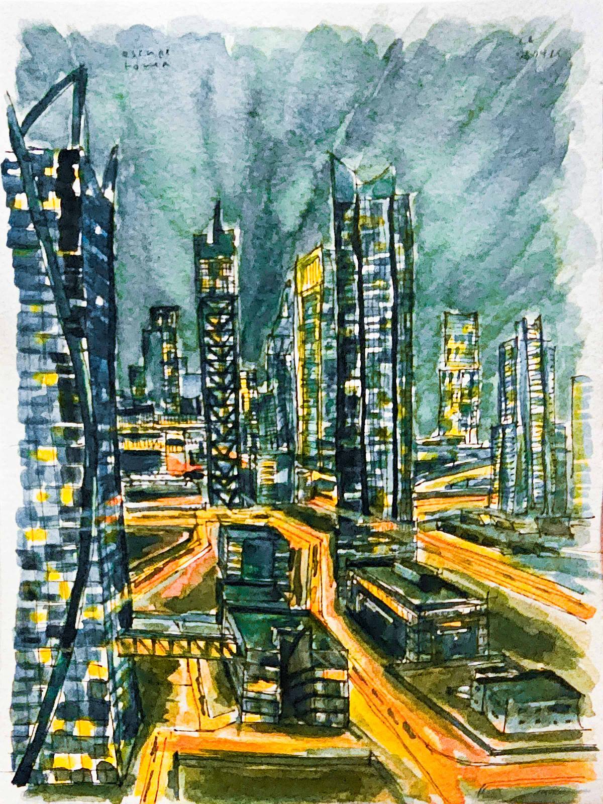 dubai night watercolor sketch urban architecture travel journal