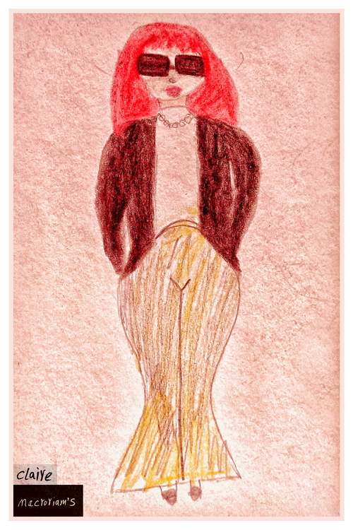 A drawing featuring a fashionable woman with striking red hair. She wears large sunglasses and a chic outfit combining a blazer with flared pants.