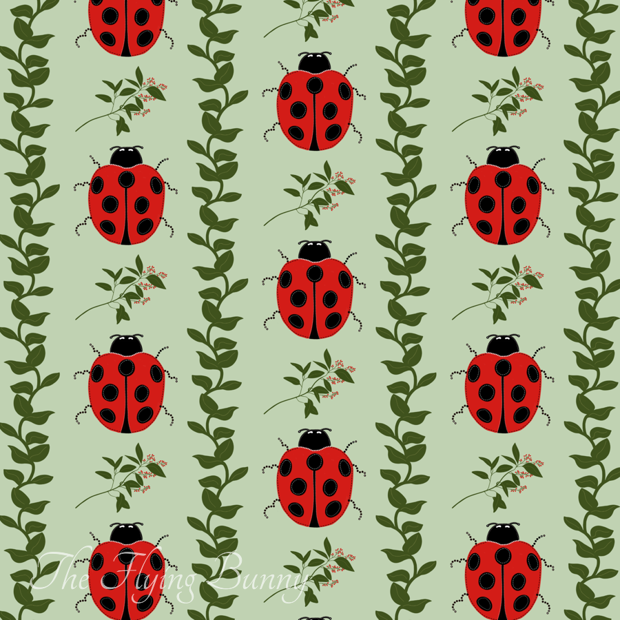 Bright red ladybugs with black spots arranged between leafy green vines and delicate floral sprigs on a soft mint green background in a repeating nursery pattern.