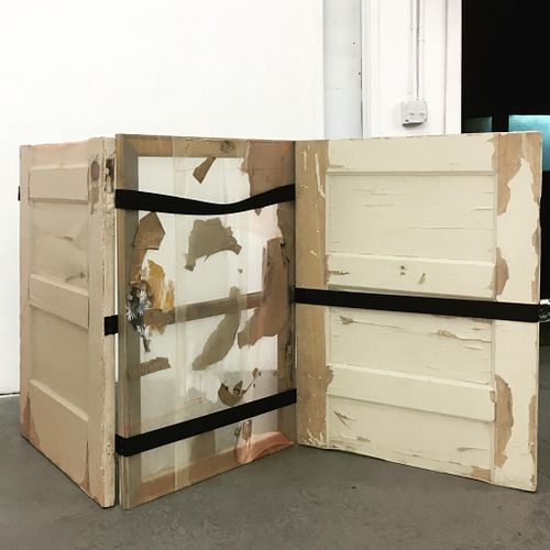 “Jacob’s Ladder,” 2017, wooden doors, organza, thread, collage, acrylic, watercolor, seatbelt, and soundtrack of Jacob's ladder (toy), 84"x 40"
