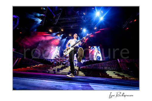 Horizontal color image of Johnny Christ of Avenged Sevenfold playing bass on stage in a dramatic low-angle wide shot with one foot raised and vivid blue and magenta concert lights